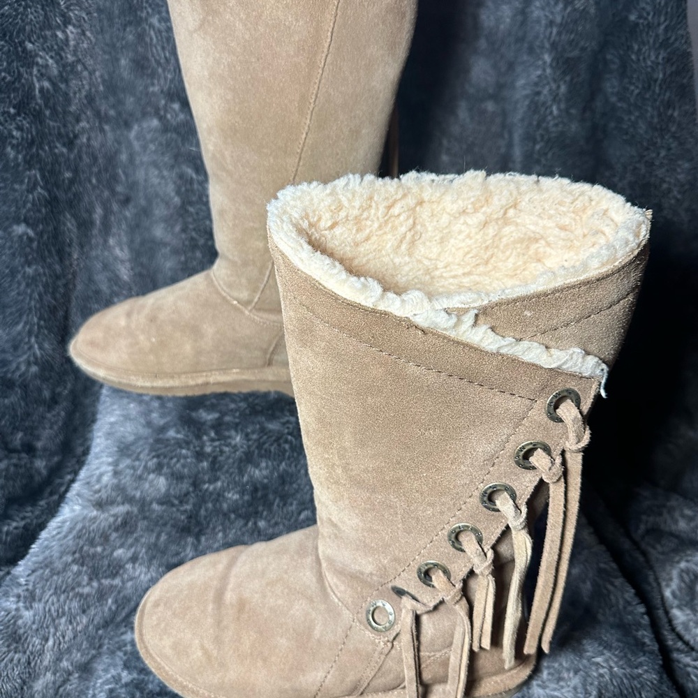 BearPaw Tan Suede Fringe Winter Boots